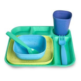 24-Piece Plastic Kids Dinnerware Set â€“ Blue, Teal, Yellow & Navy, BPA-Free, Dishwasher Safe