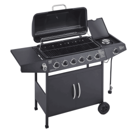 6 Burner BBQ Propane Gas Grill with Side Burner 59000 BTU Output Stainless Steel Barbecue Grill with Enamel-Coated Grates and Side Tables for Outdoor