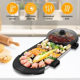 2 in 1 Electric Hot Pot with BBQ Grill Cooker 2200W Smokeless Non-Stick Korean BBQ Grill Shabu Hot Pot with Independent Temperature Control 5 Gears Fi