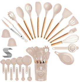 4 Colors Options -- Set Of 35Pcs Kitchen Cooking Utensils Set Spatula Set Baking Utensil Set Kitchen Accessories Necessities With Holder Egg Whis (Color: Khaki)