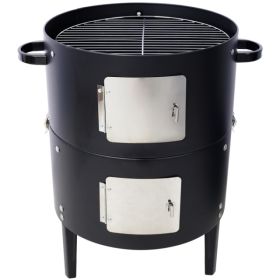 17 Inch Steel Charcoal Smoker, Heavy Duty Round Grill For Outdoor Cooking, Black (Color: Black)