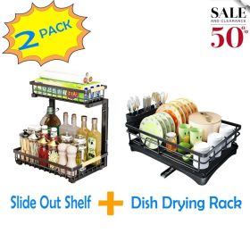 2 in Set Dish Drying Rack and Under Sink Organizer Rack, Large Dish Rack with Drainboard, 2 Tier Pull Out Cabinet Shelf for Kitchen Storage (Piece: 2 pieces)