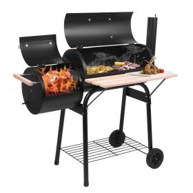 44*25*44 inches large capacity oil drum shaped double oven outdoor charcoal grill painted stainless steel with chimney portable windproof camping picn (Color: Black)